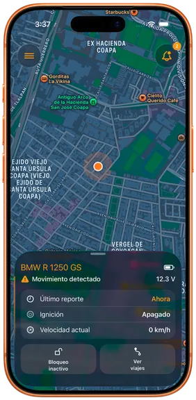 Pantalla principal de Revo Track con la ubicación de una motocicleta