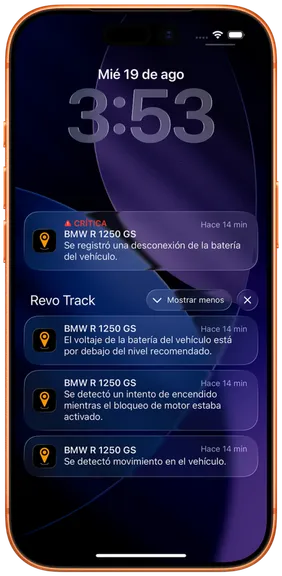 Alerta crítica de movimiento detectado enviada por Revo Track